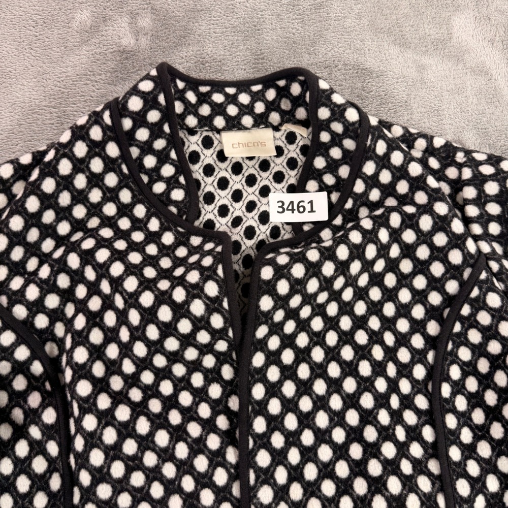 Chico's Jacket Women 1 Black White Polka Dot Open Front Knit Piping Blazer